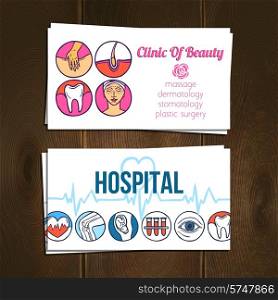 Medical hospital and beauty clinic business cards hand drawn set isolated vector illustration