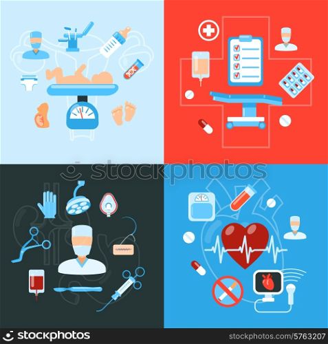 Medical hospital surgery flat icons composition of baby birth and heart rate monitoring abstract isolated vector illustration