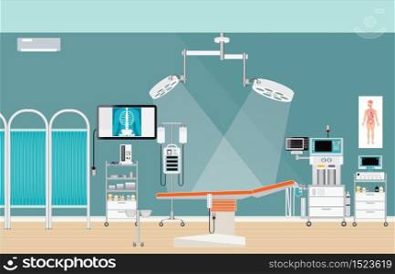 Medical hospital surgery operation room interior at the hospital, medical health care characters vector illustration.