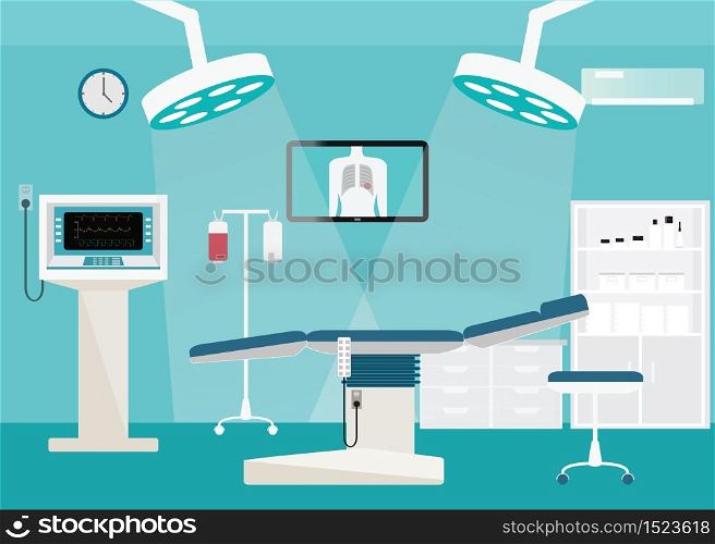 Medical hospital surgery operation room interior at the hospital with medical equipment , vector illustration.