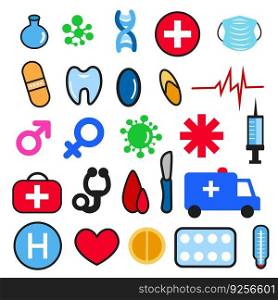Medical icon set, simple isolated flat illustration, medicine pharmacy symbol. Virus, molecule, ambulance, tool, pill, tooth,  mask, gender sign. Web health care outline collection.