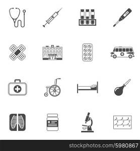 Medical icons black set with stethoscope syringe and blood test isolated vector illustration. Medical Icons Black