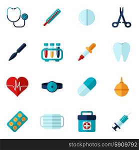 Medical icons flat set with syringe stethoscope bandage isolated vector illustration. Medical Icons Flat Set