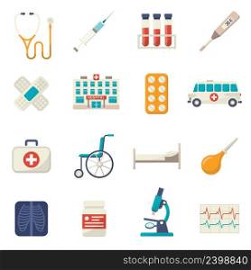 Medical icons flat set with wheelchair blood test hospital bed isolated vector illustration. Medical Icons Flat Set
