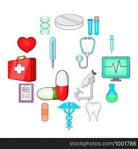 Medical icons in cartoon style. Hospital set collection isolated vector illustration. Medical icons set, cartoon style