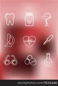 Medical icons in outline style on a graduated blurred red background with a tooth poison caduceus microscope heart dropper eyeglasses tablets and laboratory flask