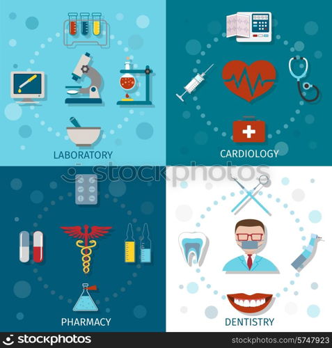 Medical icons set flat with laboratory cardiology pharmacy dentistry isolated vector illustration