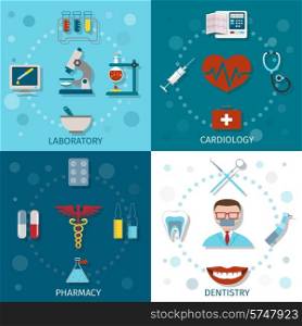 Medical icons set flat with laboratory cardiology pharmacy dentistry isolated vector illustration