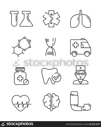 Medical icons. Surgery anatomy doctors disease vector healthcare vector line symbols. Illustration of icon set linear, science and medication. Medical icons. Surgery anatomy doctors disease vector healthcare vector line symbols