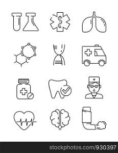 Medical icons. Surgery anatomy doctors disease vector healthcare vector line symbols. Illustration of icon set linear, science and medication. Medical icons. Surgery anatomy doctors disease vector healthcare vector line symbols