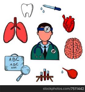 Medical icons with doctor encircled by an eye chart, lungs, tooth, eye, dropper, test tubes , brain and heart depicting examination, diagnosis and treatment. Doctor, human organs and medical obects