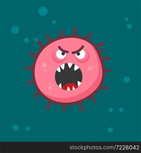 Medical illustration of angry virus character in flat style. Microbiology. Design element for poster, infographic, banner, card, flyer, brochure. Vector illustration