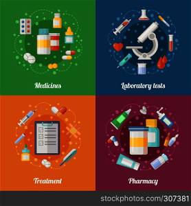 Medical illustration set with pharmaceutical elements. Pills and drugs. Doctor or clinical laboratory. Healthcare vector pictures. Laboratory test and treatment, pharmacy and science, set of medical banner concept. Medical illustration set with pharmaceutical elements. Pills and drugs. Doctor or clinical laboratory. Healthcare vector pictures