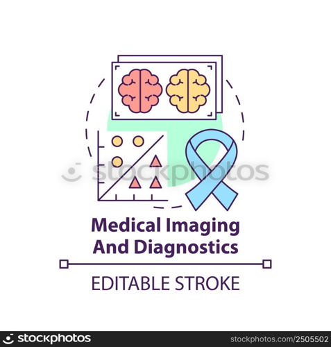 Medical imaging and diagnostics concept icon. Use of machine learning abstract idea thin line illustration. Isolated outline drawing. Editable stroke. Arial, Myriad Pro-Bold fonts used. Medical imaging and diagnostics concept icon