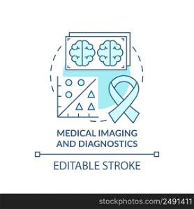 Medical imaging and diagnostics turquoise concept icon. Use of machine learning abstract idea thin line illustration. Isolated outline drawing. Editable stroke. Arial, Myriad Pro-Bold fonts used. Medical imaging and diagnostics turquoise concept icon