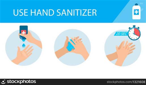 Medical infographic - how to use hand sanitizer. Step by step instructions and guidelines. Personal hygiene and disease prevention, healthcare for prevent virus. Vector illustration.. Medical infographic - how to use hand sanitizer.