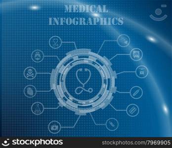 Medical Infographic Template From Technological Gear Sign, Lines and Icons. Elegant Design With Transparency on Blue Checkered Background With Light Lines and Flash on It. Vector Illustration.