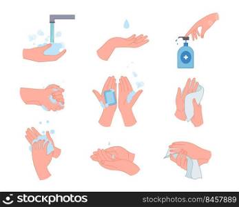 Medical infographic with hand washing vector illustrations set. Gestures showing steps of proper dirty hand cleansing, infection prevention isolated on white background. Hygiene, health concept