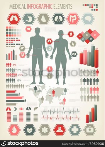 Medical infographics elements. Human body with internal organs. Vector.