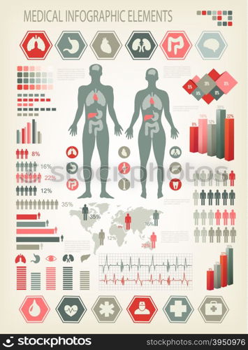 Medical infographics elements. Human body with internal organs. Vector.