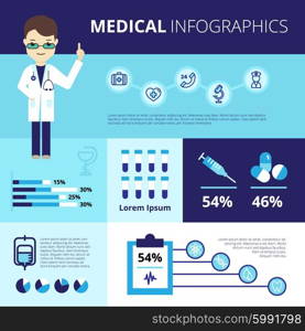 Medical Infographics With Emergency Care Icons. Medical infographics with doctor in white coat emergency care icons statistics and graphs vector illustration