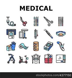 Medical Instrument And Equipment Icons Set Vector. Thermometer And Scalpel, Knife And Scissors, Sticking Plaster Roll And Bandage Medical Instrument And Tool Line. Color Illustrations. Medical Instrument And Equipment Icons Set Vector