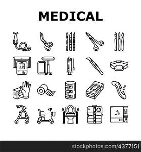Medical Instrument And Equipment Icons Set Vector. Thermometer And Scalpel, Knife And Scissors, Sticking Plaster Roll And Bandage Medical Instrument And Tool Black Contour Illustrations. Medical Instrument And Equipment Icons Set Vector