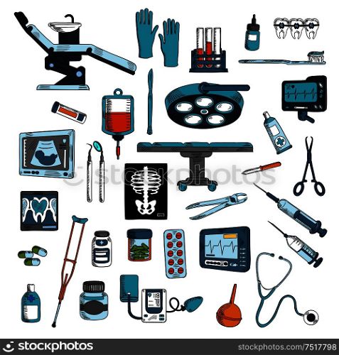 Medical instruments and equipments for surgery, dentistry and general medicine colored sketches with operation table and dentist chair with tools and medicines, blood bag and test tubes, stethoscope and syringes, braces and toothbrush, ecg, ultrasound and blood pressure monitors, x ray scan, crutch and enema. Medical instruments and equipments sketch icons