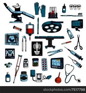 Medical instruments and equipments for surgery, dentistry and general medicine colored sketches with operation table and dentist chair with tools and medicines, blood bag and test tubes, stethoscope and syringes, braces and toothbrush, ecg, ultrasound and blood pressure monitors, x ray scan, crutch and enema. Medical instruments and equipments sketch icons