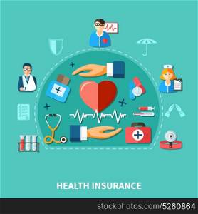 Medical Insurance Flat Concept. Medical insurance flat concept with doctor nurse heart tools and equipment isolated vector illustration