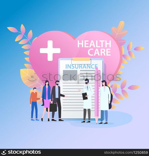 Medical Insurance Health Care Family Doctor Female Nurse Vector Illustration. Man Woman Child Patient Heart Insurance Contract Medical Service Hospital Clinic Money Refund Finance Support. Insurance Health Care Family Doctor and Nurse