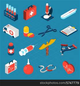 Medical isometric icons set with first aid kit ambulance syringe isolated vector illustration