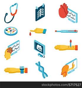 Medical isometric icons set with phonendoscope blood test dna isolated vector illustration
