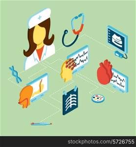 Medical isometric icons set with phonendoscope test elements and doctor avatar isolated vector illustration