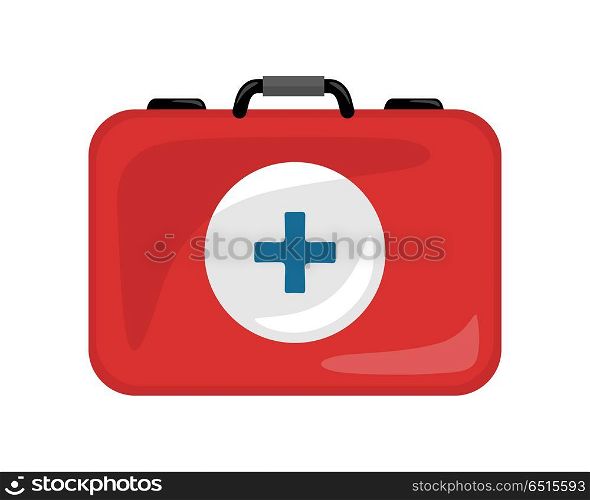 Medical Kit Icon Isolated. Realistic Emergency Bag. Medical kit icon isolated on white. Realistic emergency bag with red cross. Metal red briefcase. Health care concept. First medical aid. Suitcase with medical equipment and drugs in flat style. Vector