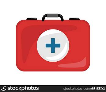 Medical Kit Icon Isolated. Realistic Emergency Bag. Medical kit icon isolated on white. Realistic emergency bag with red cross. Metal red briefcase. Health care concept. First medical aid. Suitcase with medical equipment and drugs in flat style. Vector