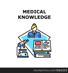 Medical Knowledge Book Vector Icon Concept. Medical Knowledge Book Researching Student Of Medicine University In Library. Research With Microscope Laboratory Equipment Color Illustration. Medical Knowledge Book Concept Color Illustration