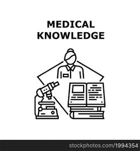 Medical Knowledge Book Vector Icon Concept. Medical Knowledge Book Researching Student Of Medicine University In Library. Research With Microscope Laboratory Equipment Black Illustration. Medical Knowledge Book Concept Black Illustration