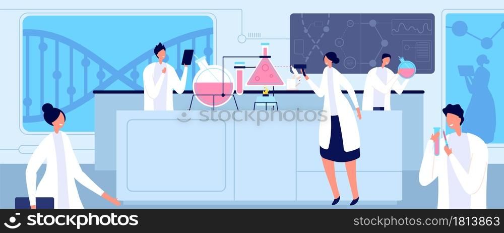 Medical lab scientist. Chemical professionals, biological medical laboratory researching. Genetic or pharmaceutical industry vector concept. Illustration medical lab chemistry, technology research. Medical lab scientist. Chemical professionals, biological medical laboratory researching. Genetic or pharmaceutical industry vector concept