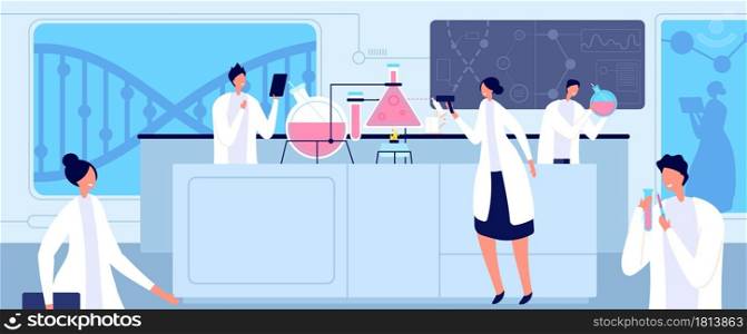 Medical lab scientist. Chemical professionals, biological medical laboratory researching. Genetic or pharmaceutical industry vector concept. Illustration medical lab chemistry, technology research. Medical lab scientist. Chemical professionals, biological medical laboratory researching. Genetic or pharmaceutical industry vector concept