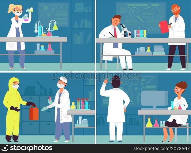 Medical laboratory characters. Lab work, medicines research equipment. Women working on drug development, decent chemical scientist vector. Illustration medical lab equipment, character do experiment. Medical laboratory characters. Lab work, medicines research equipment. Women working on drug development, decent chemical scientist vector concept