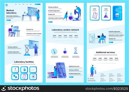 Medical laboratory flat landing page. Clinical research laboratory, patients analysis corporate website design. Web banner template with header, middle content, footer. Vector illustration with people