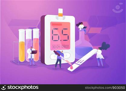 Medical laboratory research. Blood sample analysis. Tube lab testing. Disease diagnostics. Diabetes mellitus, Type 2 diabetes, insulin production concept. Vector isolated concept creative illustration. Diabetes mellitus concept vector illustration