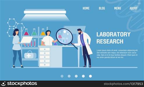 Medical Laboratory Research Center. Chemical Researchers in White Coat and Lab Equipment at Work. Drug Development, Sample Analysis for Disease Diagnosis. Flat Landing Page. Vector Illustration. Medical Laboratory Research Center Landing Page