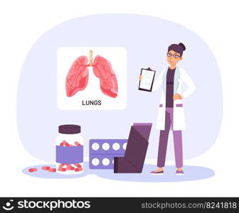 Medical laboratory research, doctor and prescription. Vector doctor research, medicine clinic and medicament for healthcare lungs illustration. Medical laboratory research, doctor and prescription with medicament