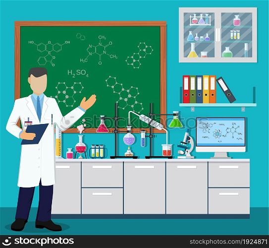 Medical Laboratory. Research, testing, studies in chemistry, physics, biology. laboratory equipment Vector illustration in flat style. Medical Laboratory equipment