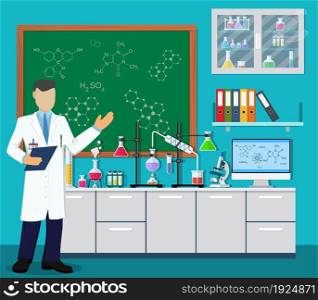 Medical Laboratory. Research, testing, studies in chemistry, physics, biology. laboratory equipment Vector illustration in flat style. Medical Laboratory equipment