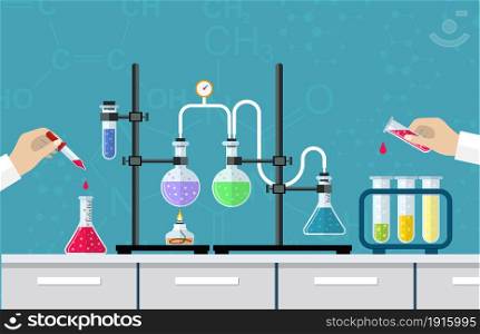 Medical Laboratory. Research, testing, studies in chemistry, physics, biology. laboratory equipment. Hands of doctor with pipette and test tube. Vector illustration flat design.. Medical Laboratory Desktop