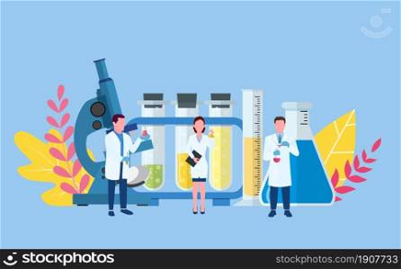 Medical laboratory research with science glass tube. Laboratory research. science equipment. can use for, landing page, template, ui, web, mobile app poster, banner. vector illustration in flat design. Medical laboratory research with science glass