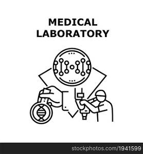 Medical Laboratory Vector Icon Concept. Medical Laboratory For Researching And Development Pharmacy Pills And Analysis. Lab Worker Research Chemical Liquid With Microscope Black Illustration. Medical Laboratory Concept Black Illustration
